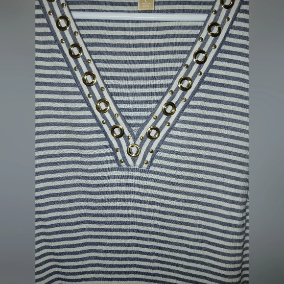 Michael Kors Blue Striped V-neck  Top Womens Size Large Nautical Coastal Grandma - Picture 2 of 9